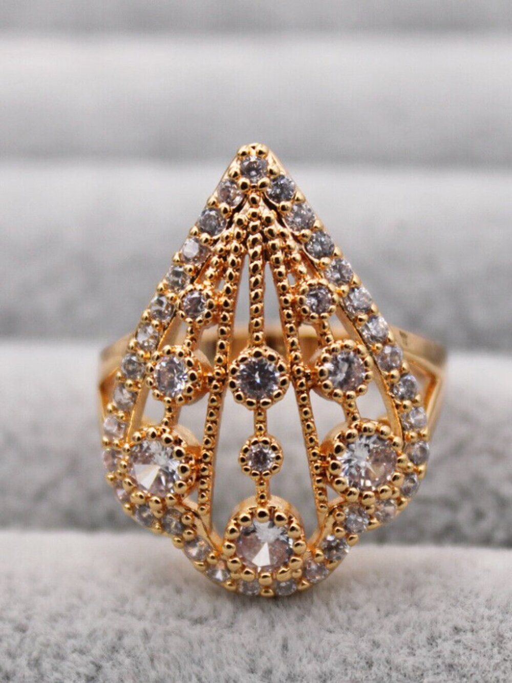 18K Yellow Gold Filled Filigree Teardrop White Diamond Zircon Ring Gorgeous Gift - Picture 1 of 4